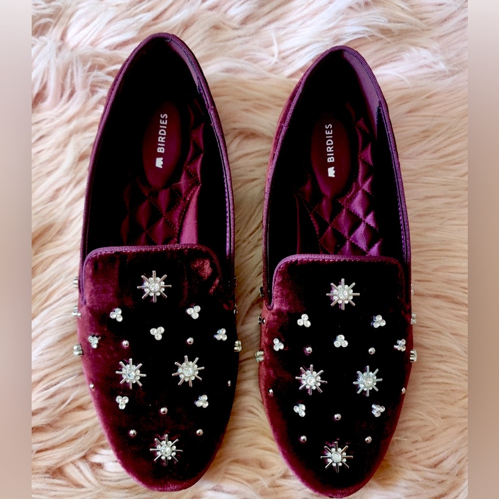 NIB. Birdies The Starling Maroon Crystal Velvet Loafer Slip on Flat Shoes Size